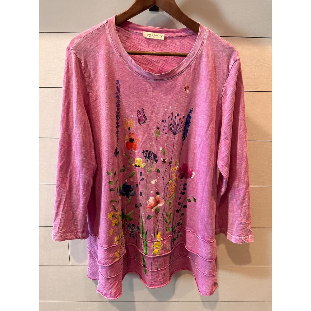 Jess & Jane Pink Wildflower Butterfly Tunic Top Cotton Slub Knit Rhinestone L